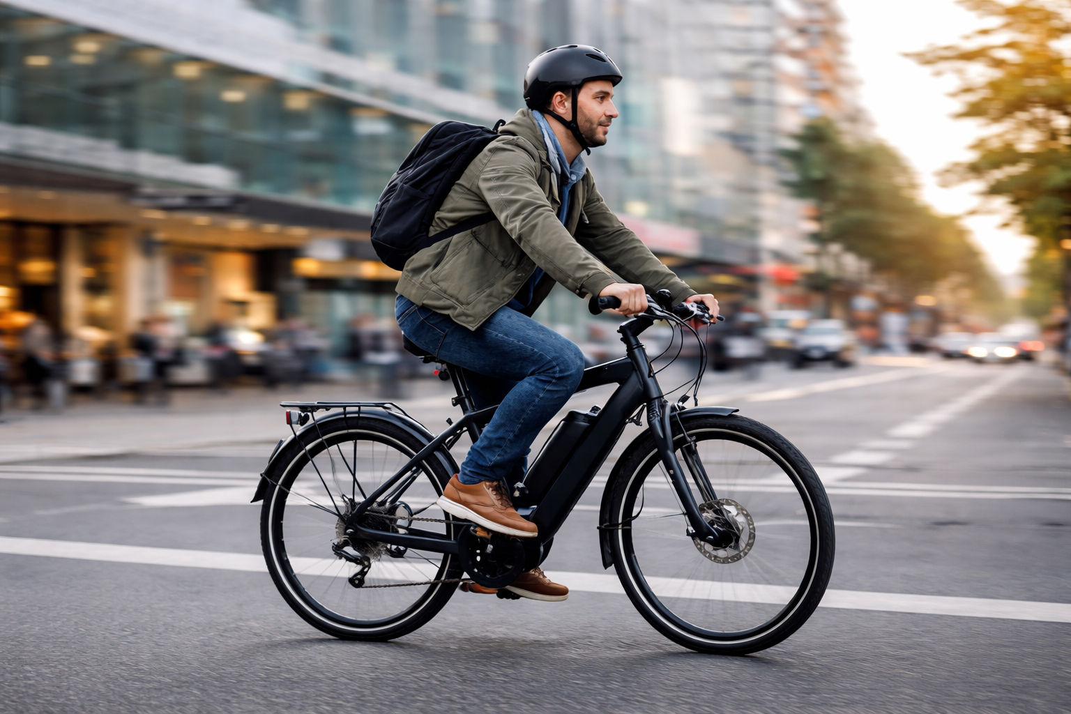 velo-electrique-urbain-trois-rivieres-sp-velo Cycliste portant un casque et un sac à dos, circulant sur un vélo électrique noir en ville.