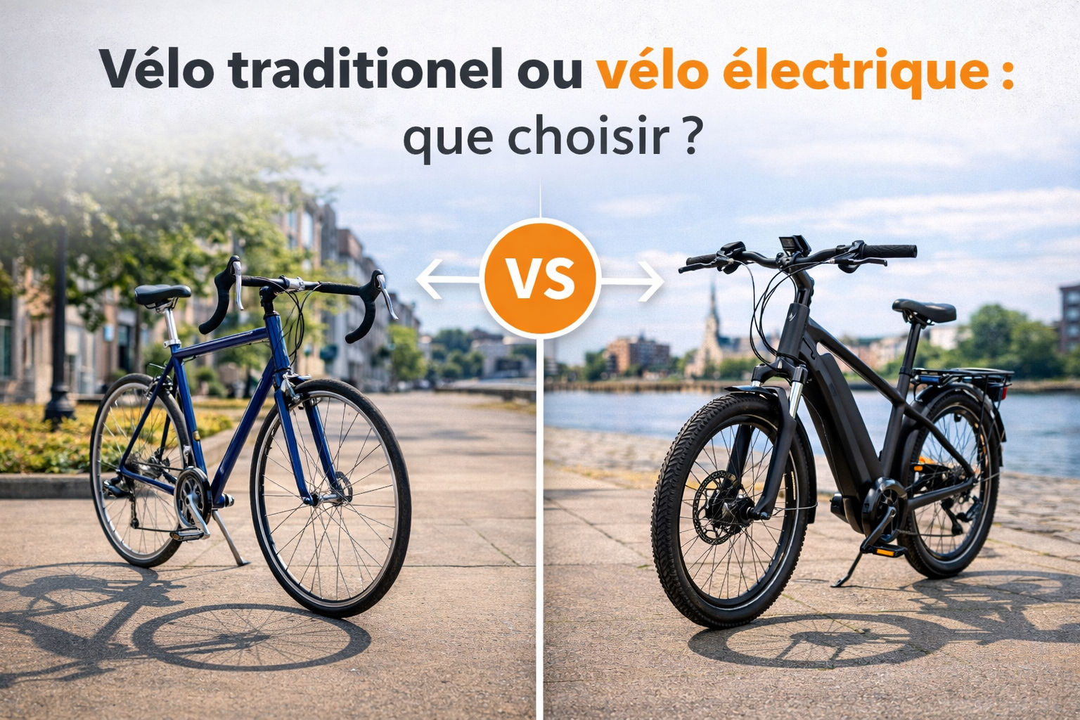 Velo_traditionnel_velo_electrique Comparaison d’un vélo traditionnel bleu et d’un vélo électrique noir : lequel choisir ?