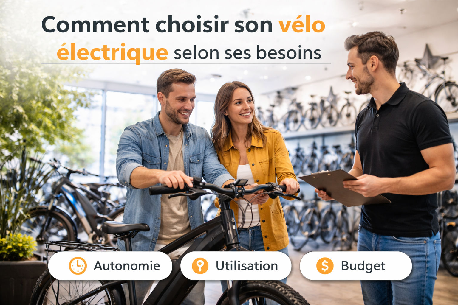 comment-choisir-velo-electrique-sp-velo-trois-rivieres Un couple reçoit des conseils pour choisir un vélo électrique selon l’autonomie, l’utilisation et le budget.